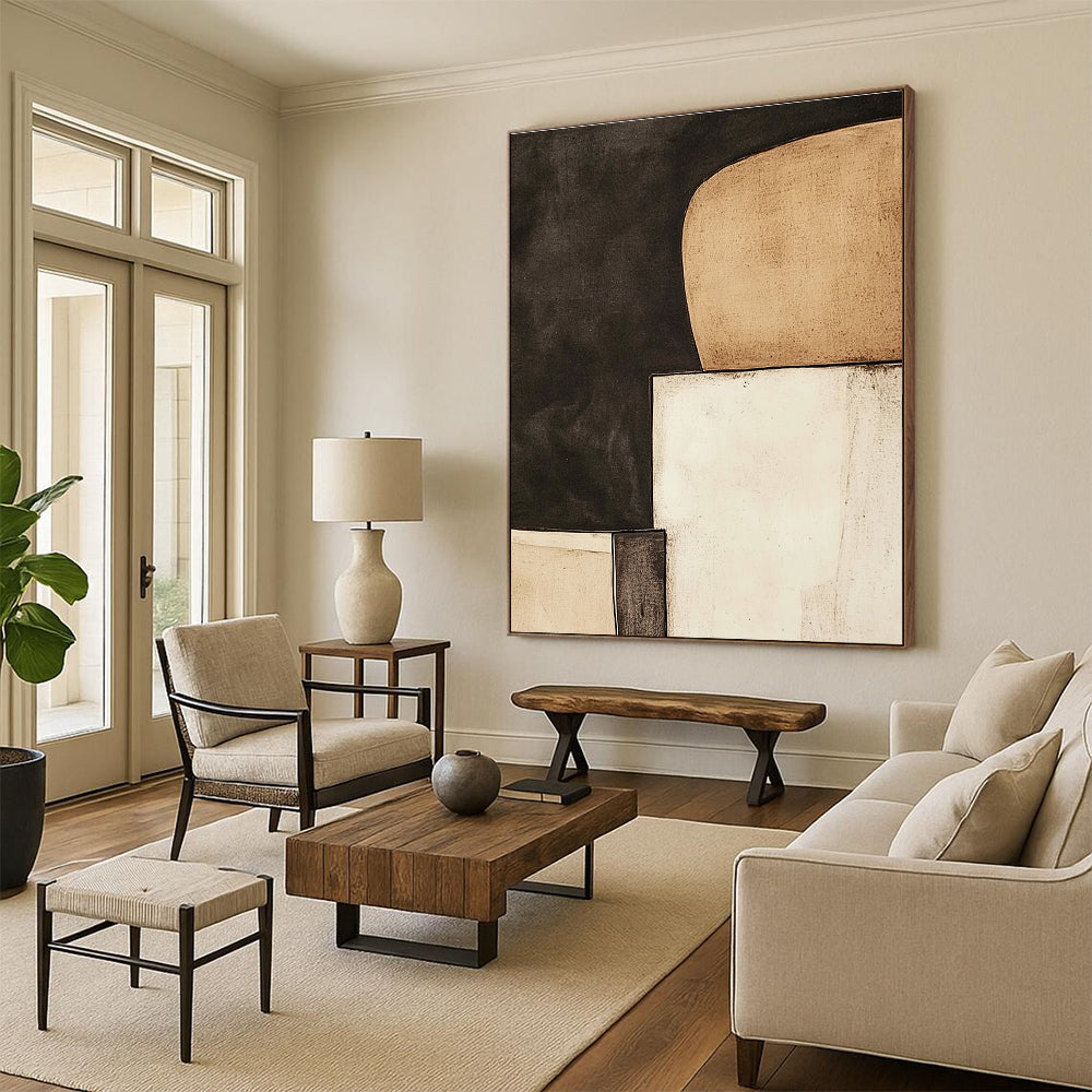 Black and Beige Abstract Painting with Minimalist Forms GER057