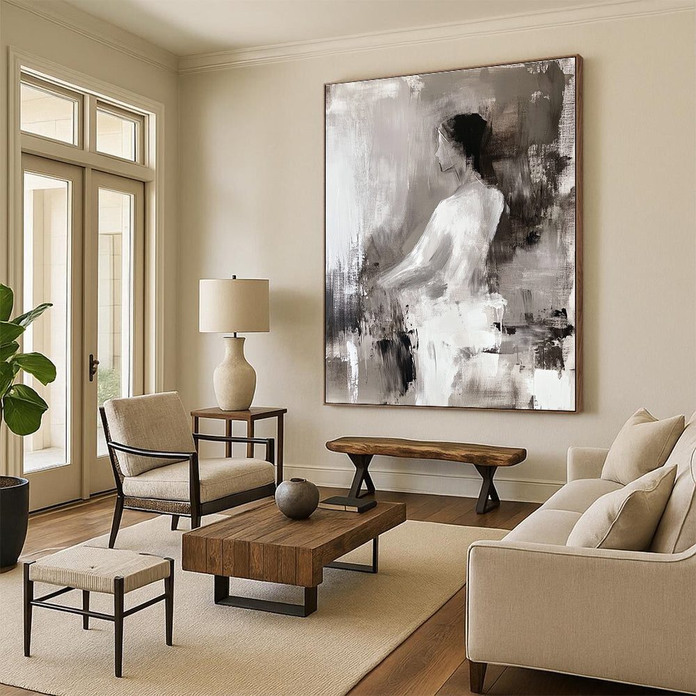 Large abstract painting of a woman in white featuring deconstructed tailoring and fluid simplicity with atmospheric perspective in light gray and dark brown.STSC673