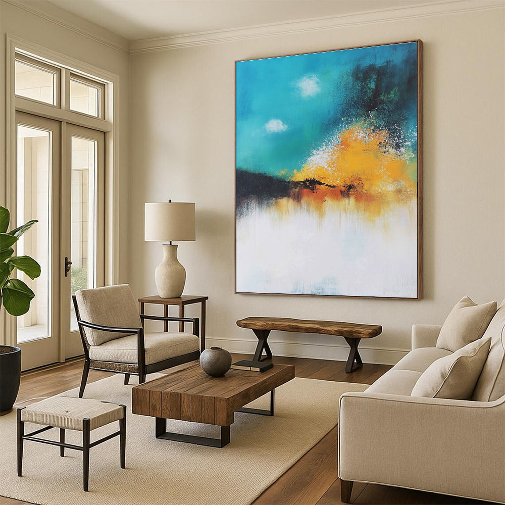Large abstract painting of a serene explosion in pastel teal and yellow with soft smoke rising and a vintage hand-drawn feel.STSC643