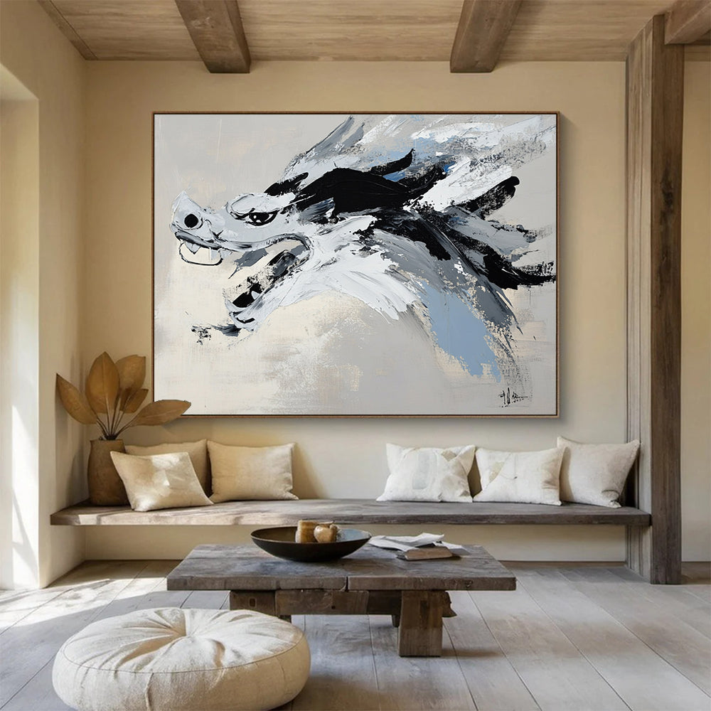 Abstract painting with black and white brushstrokes on light gray, featuring a close-up of a Chinese dragon head in Wu Guanzhong style.SC228