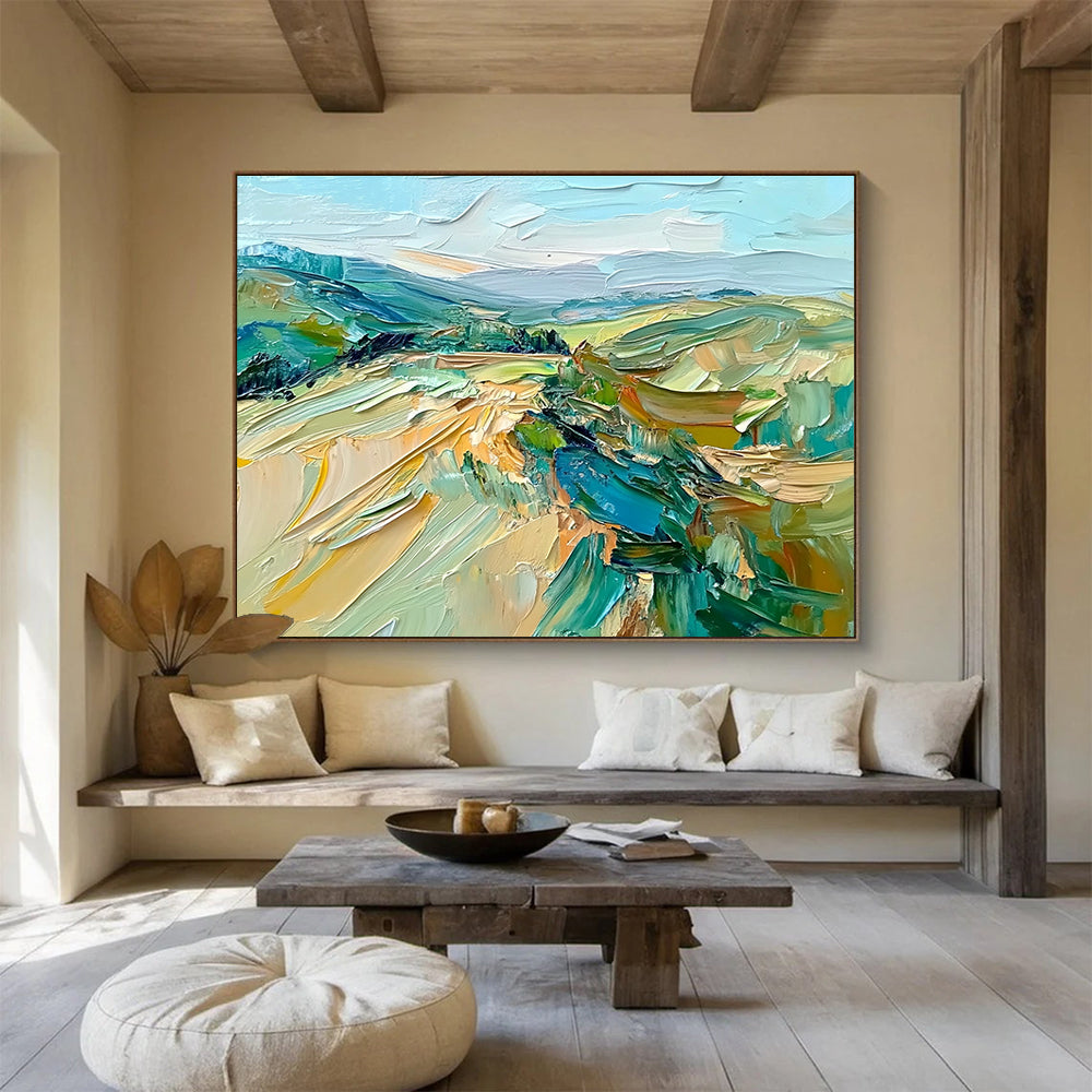 Large abstract oil painting of the French countryside featuring impasto strokes in green, blue, beige, and brown for a natural earthy feel.SC127