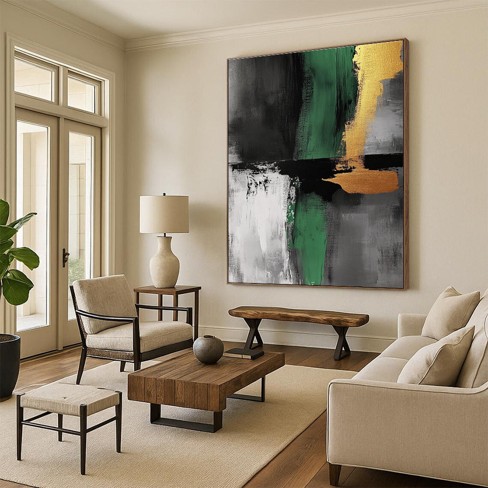 Green Gold and Gray Abstract Painting with Bold Strokes GER550