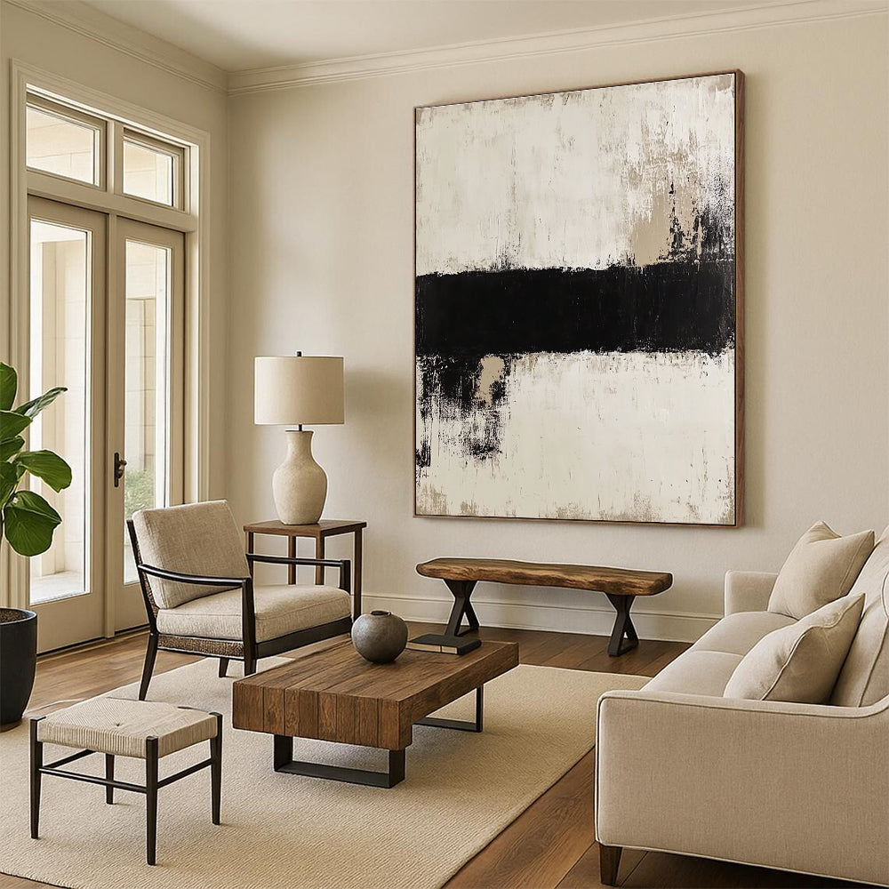 Black Beige and White Abstract Painting with Textured Layers GER637