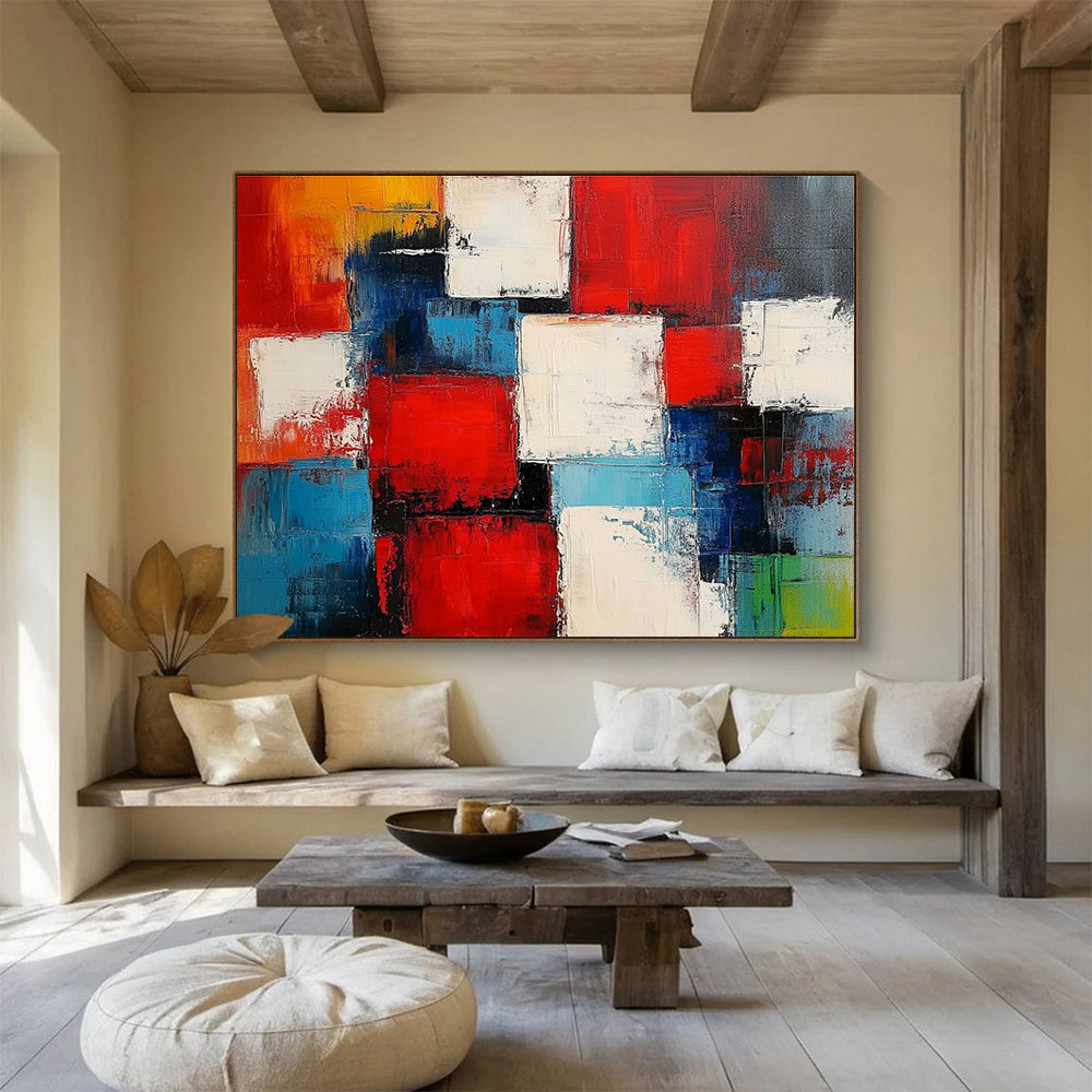 Colorful Square Abstract Painting with Red Blue and White DYP505