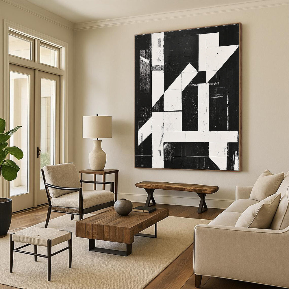 Large abstract painting with high contrast black and white lines and shapes featuring bold textured elements in a minimalist grid composition.STSC1279
