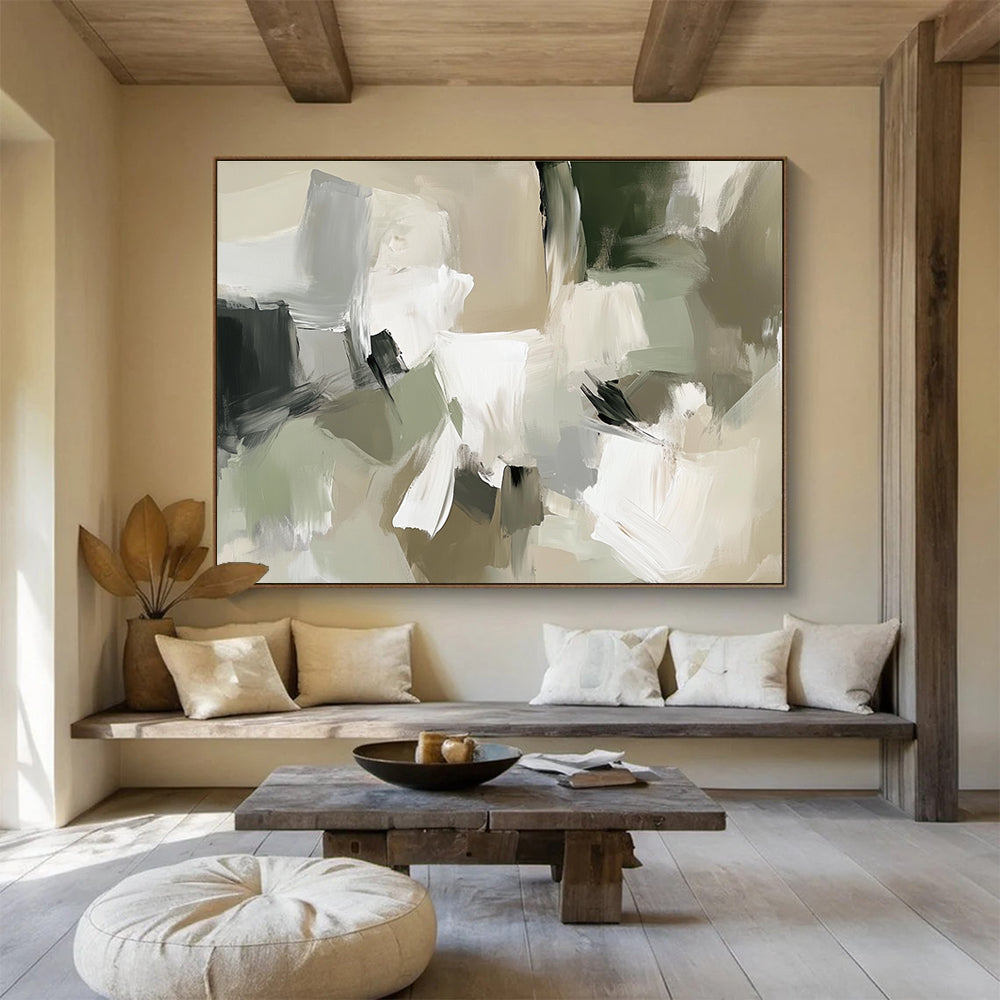 Beige Green and White Abstract Painting with Soft Shapes DYP404
