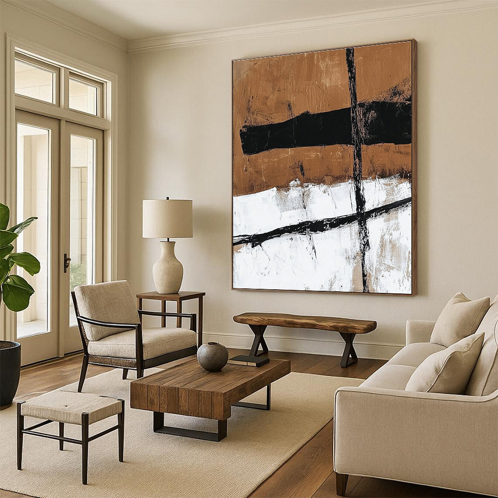 Brown Black and White Abstract Painting with Textured Layers GER188