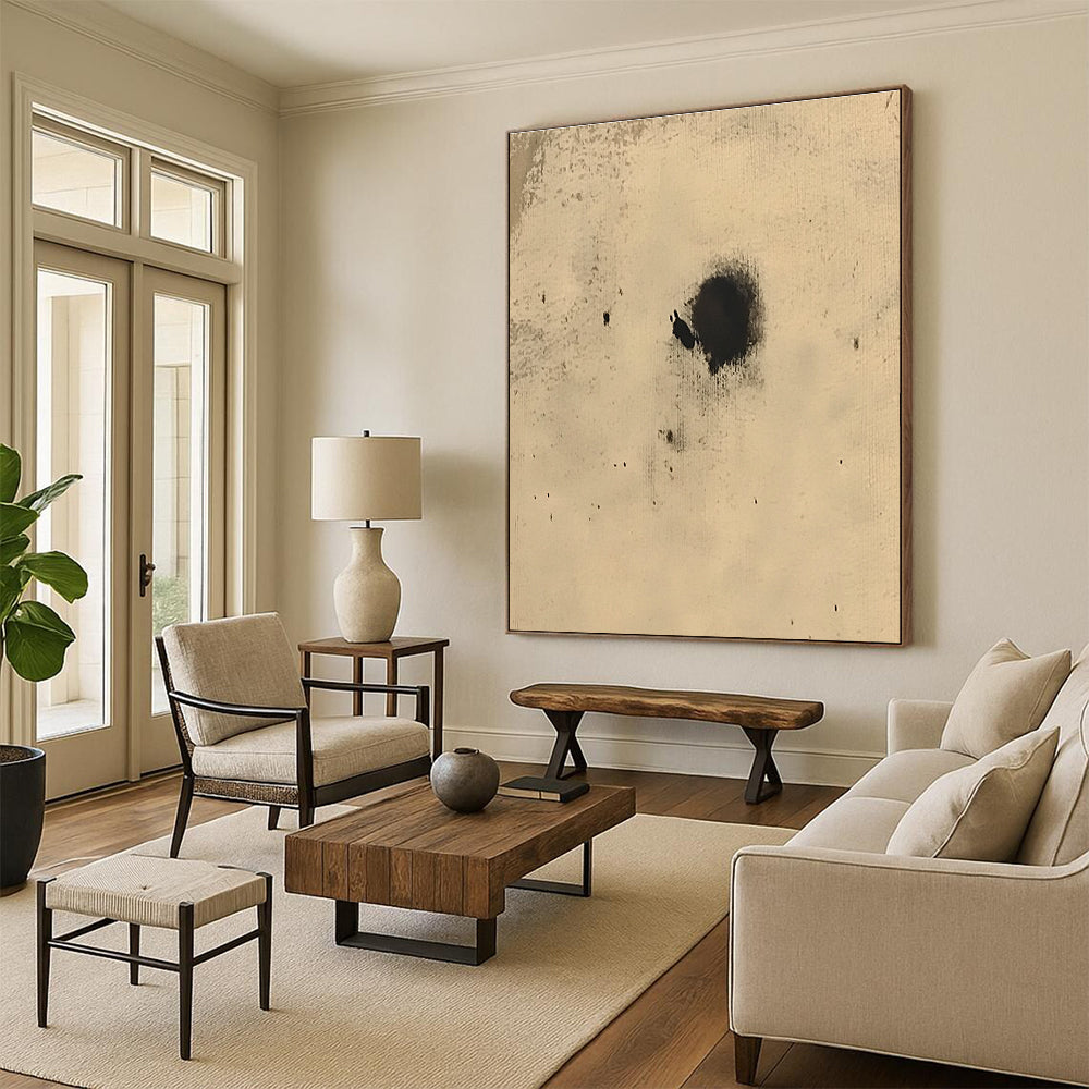 Black Spots on Beige Abstract Painting with Random Textures GER018