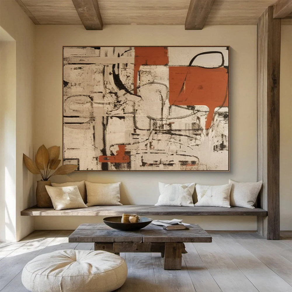 Red Black and Beige Abstract Painting THY098