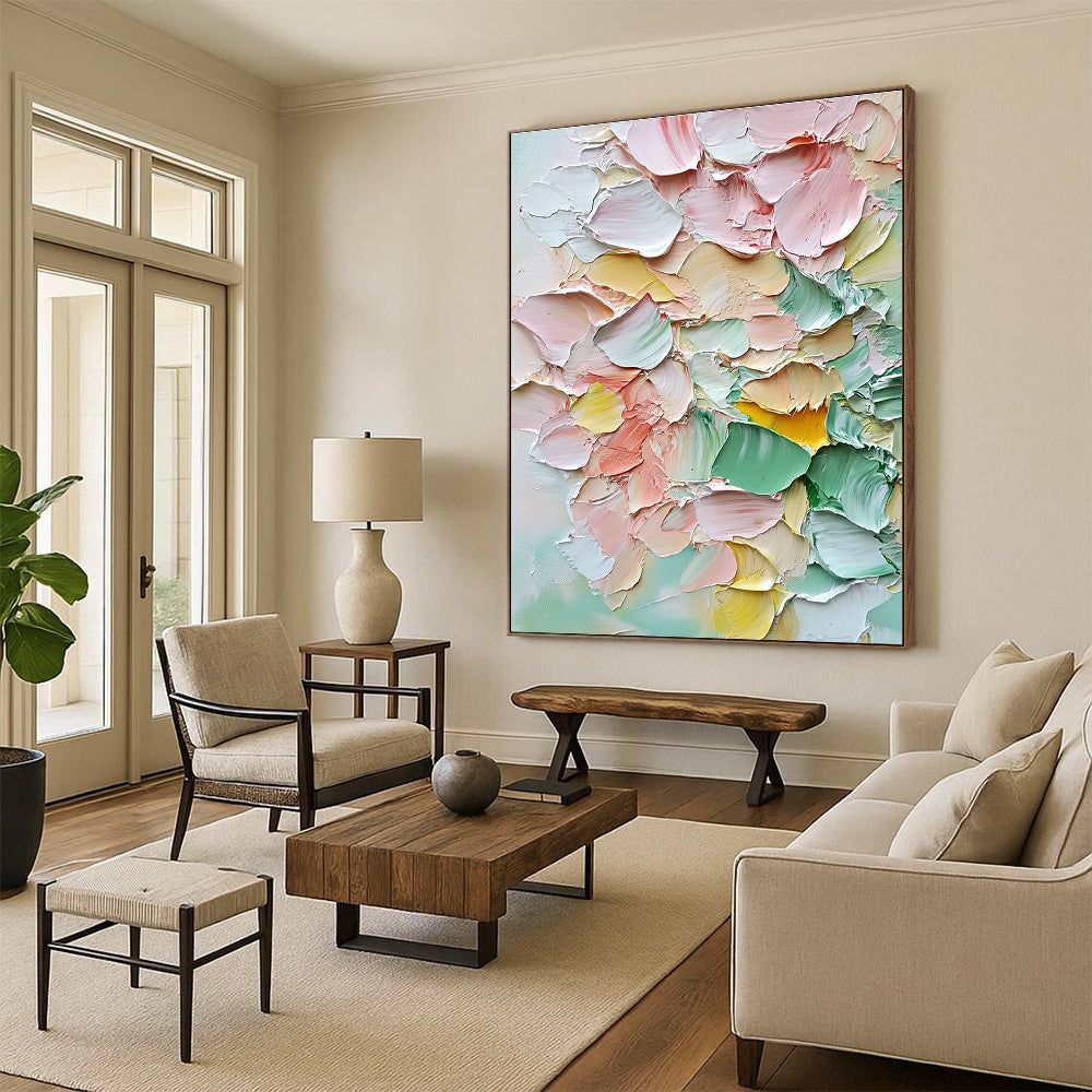 Abstract painting featuring a bouquet of pastel flowers in soft pink and green hues with vibrant accents for a warm romantic atmosphere.STSC1398