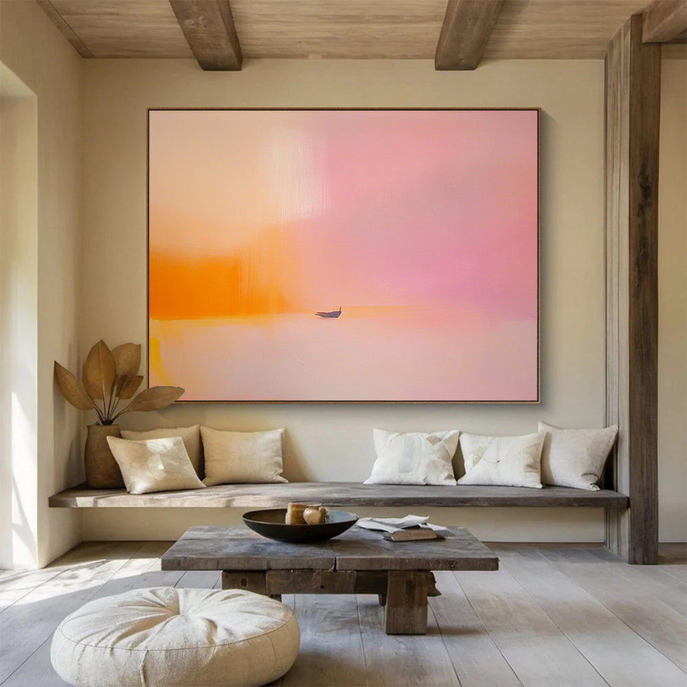 Pink Orange Minimalist Abstract Painting with a Small Boat DYP488