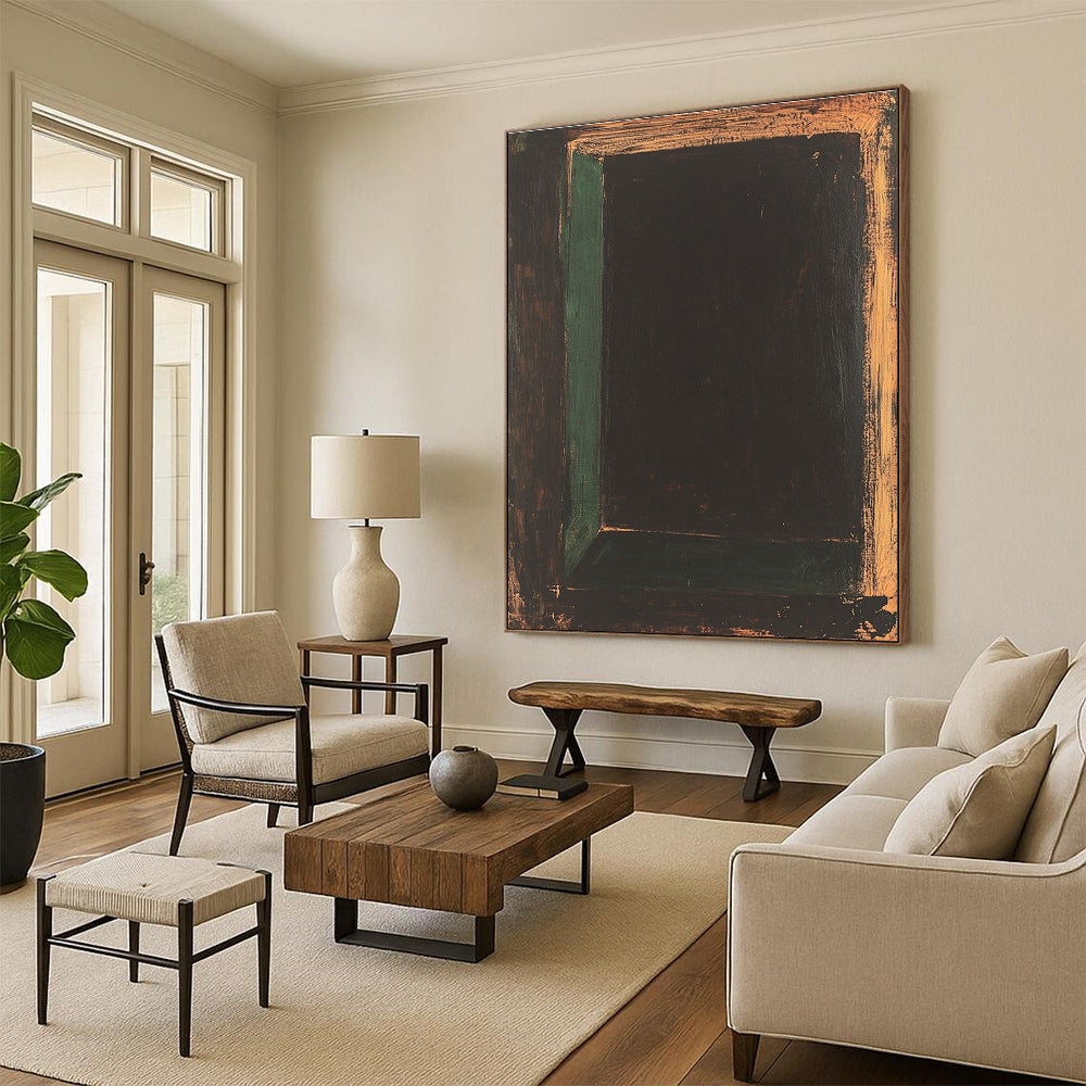 Large abstract painting of an empty black rectangle in expressionist style, featuring thick brush strokes with dark green and brown tones.STSC864