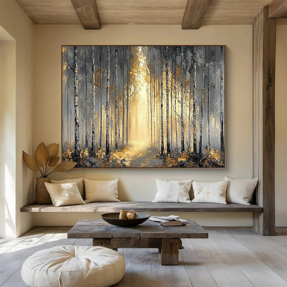 Misty Forest Abstract Painting with Grey and Gold Tones THY159