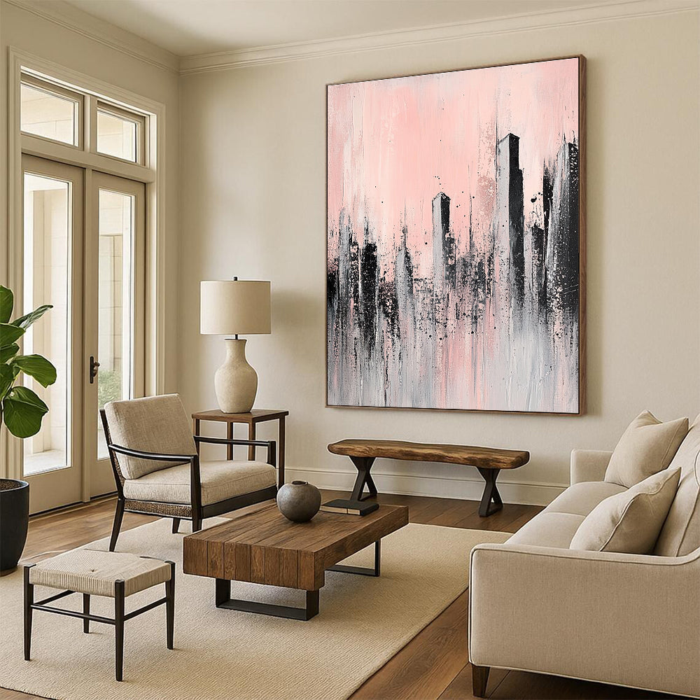 Large abstract painting of skyscrapers in pale pink and grey featuring unique textures that evoke a sense of urban elegance and tranquility.STSC332