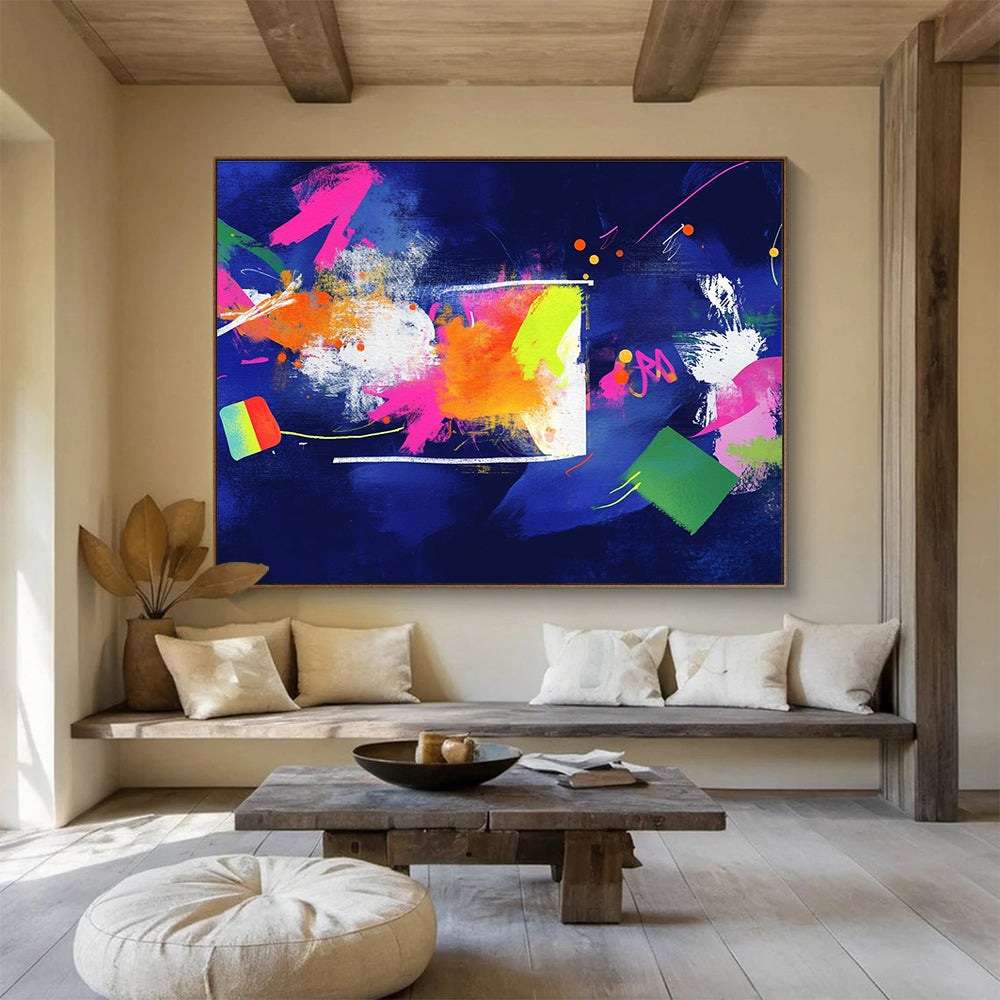A large abstract art piece featuring bold colors and geometric shapes, creating an energetic atmosphere that inspires knowledge and creativity.SC460