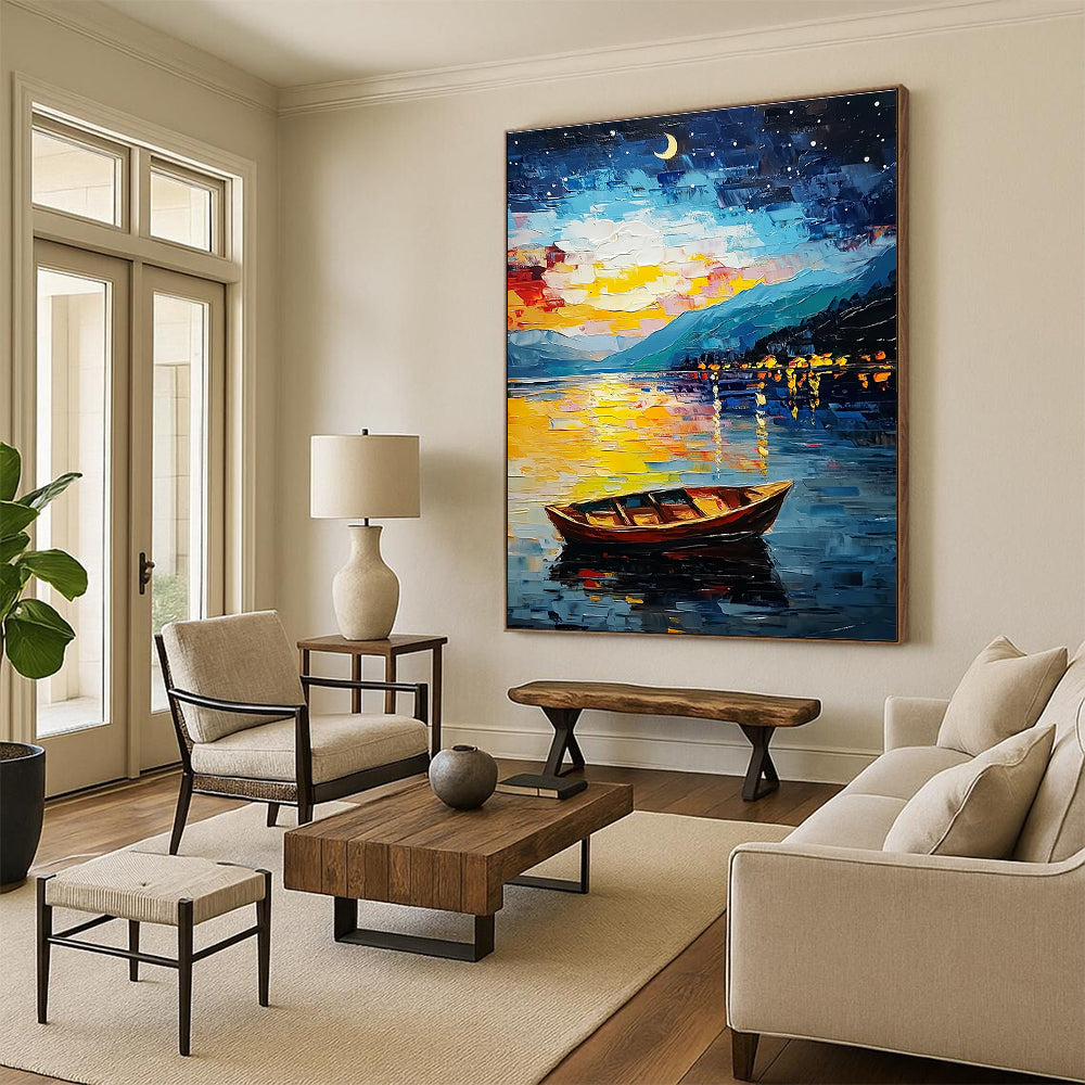 Large Abstract Painting of Lake Tahoe at night featuring stars moon colorful sky small boat mountain reflections in vibrant oil paint style.STSC1132
