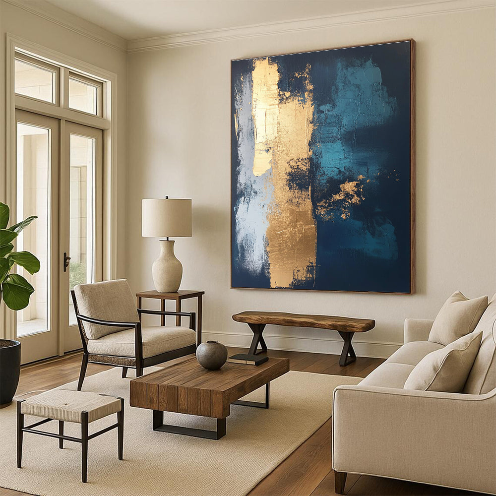 Dark Blue and Gold Abstract Painting with Bold Textures GER372