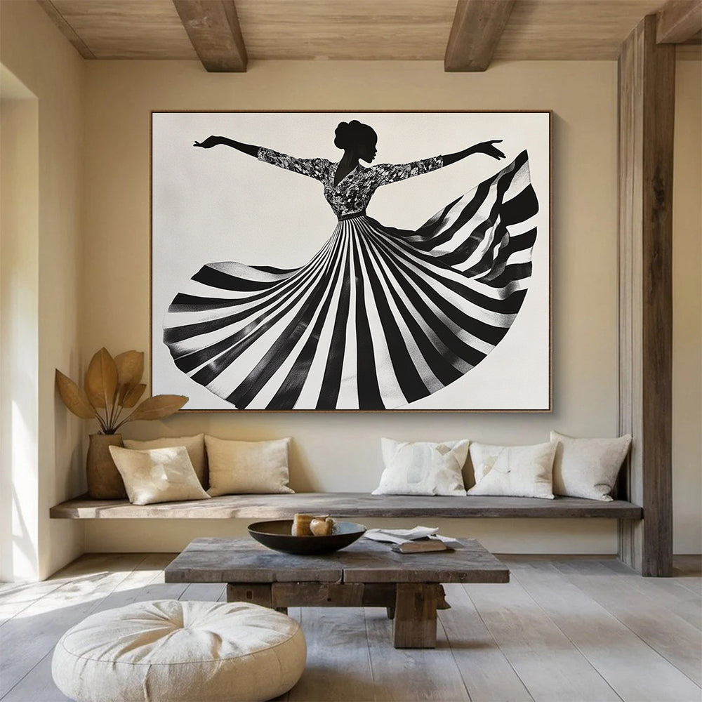 Black White Floral - Patterned Dress Dancing Silhouette Abstract Painting DYP020