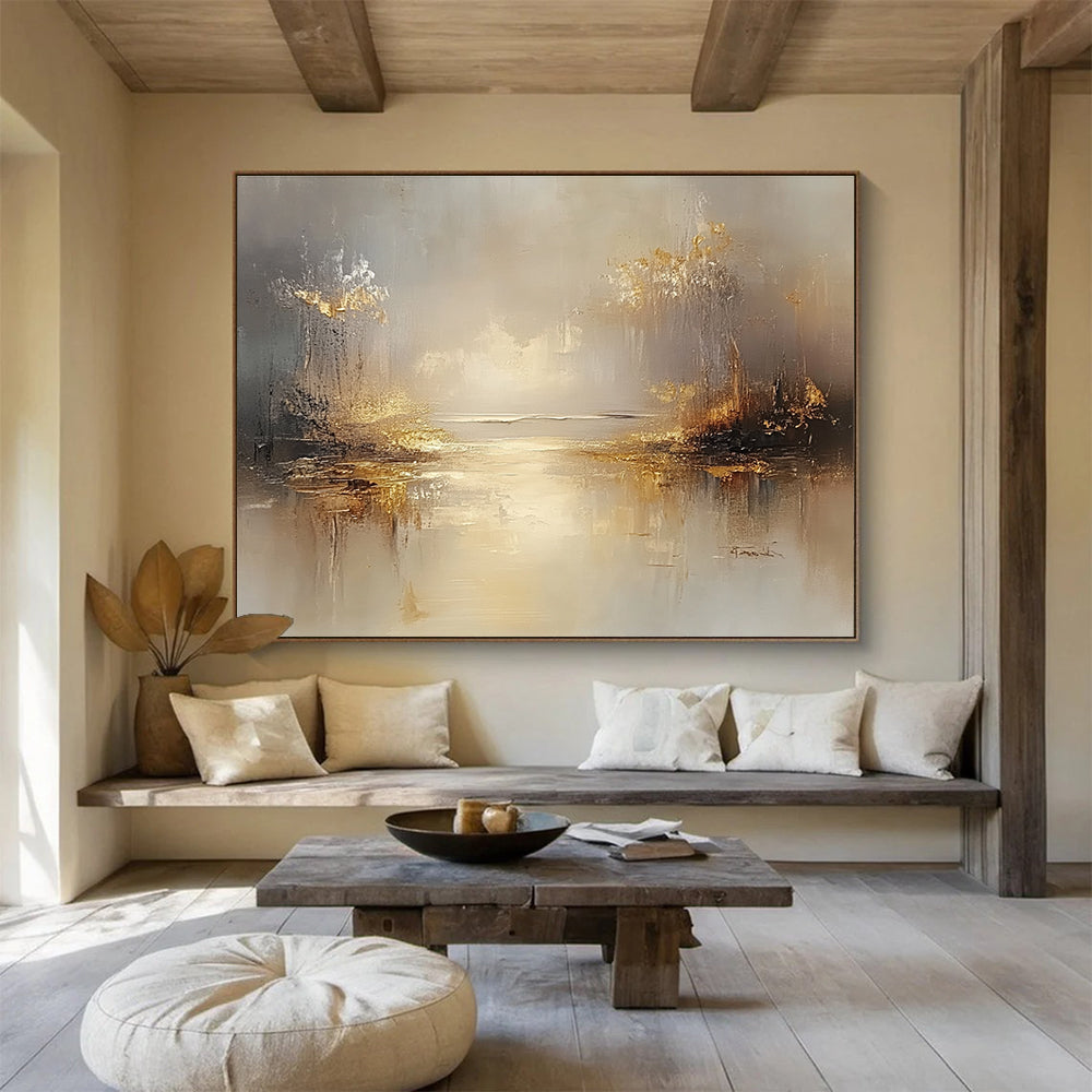 Golden Misty Landscape Abstract Painting with Reflective Elements DYP270