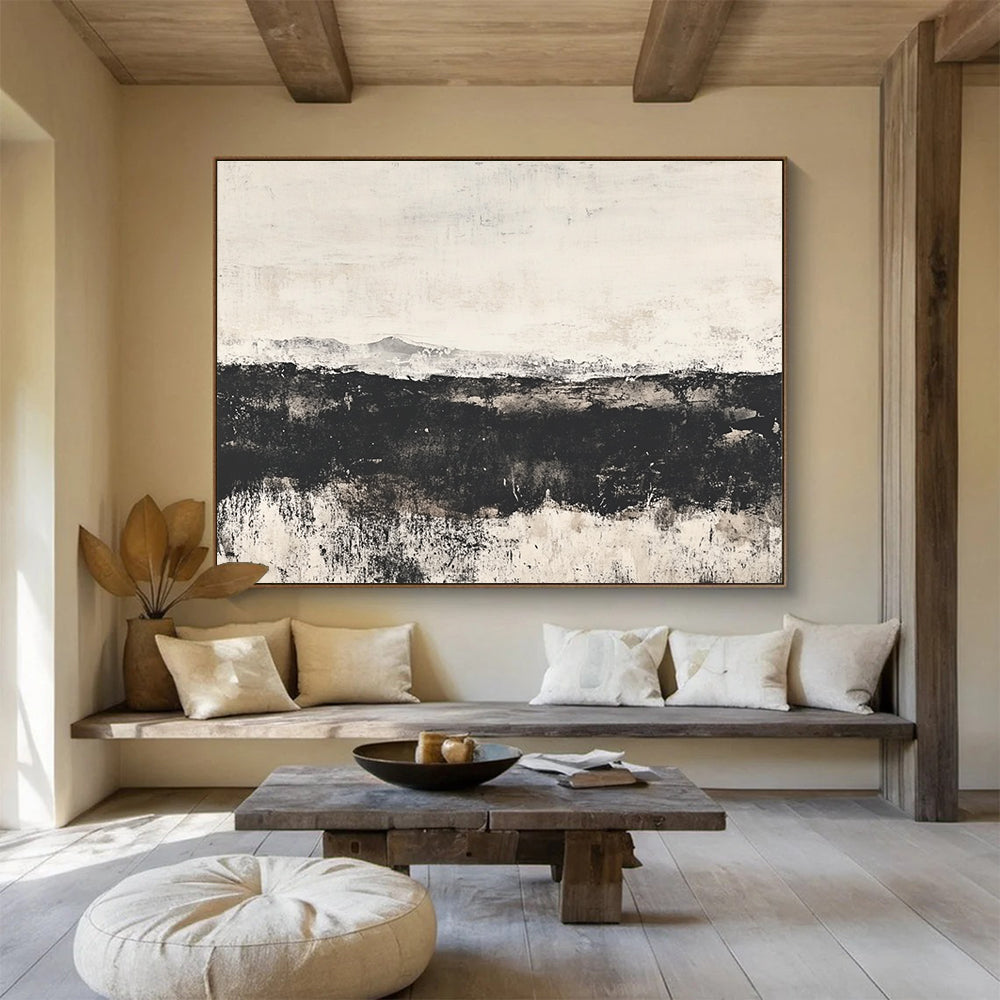 Large abstract painting of the English countryside featuring an open field and distant hills with a textured watercolor effect and calming gray gradient backdrop.SC014