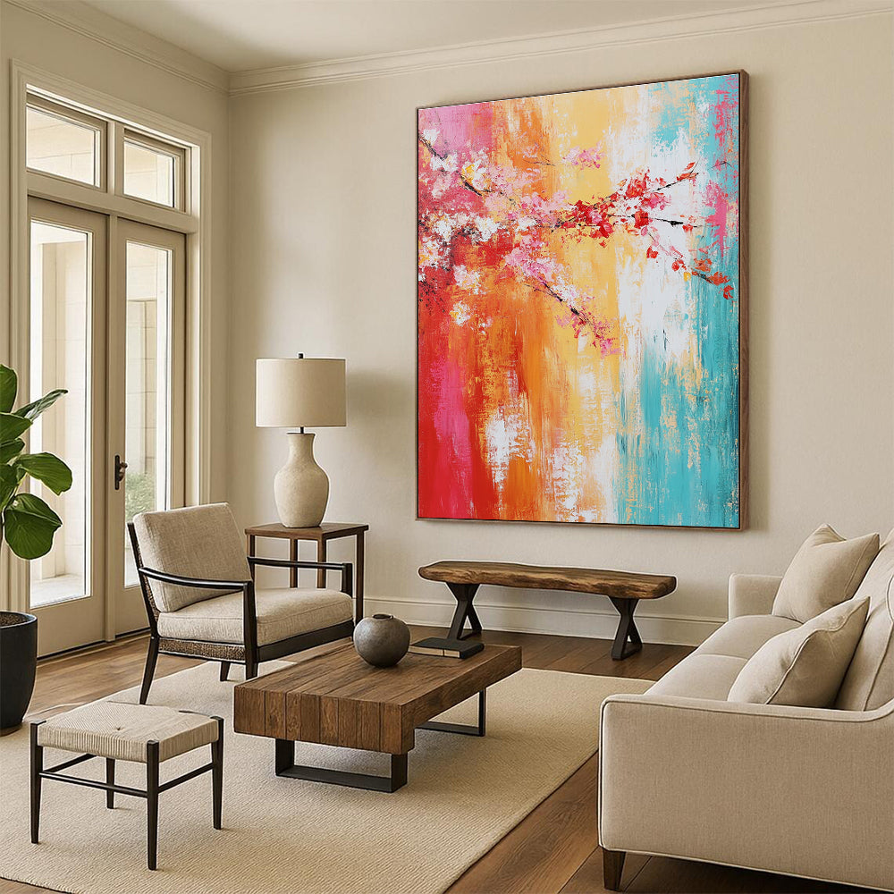 Large abstract painting on textured canvas showcasing vibrant warm colors and soft brush strokes for emotional expressionism.STSC373