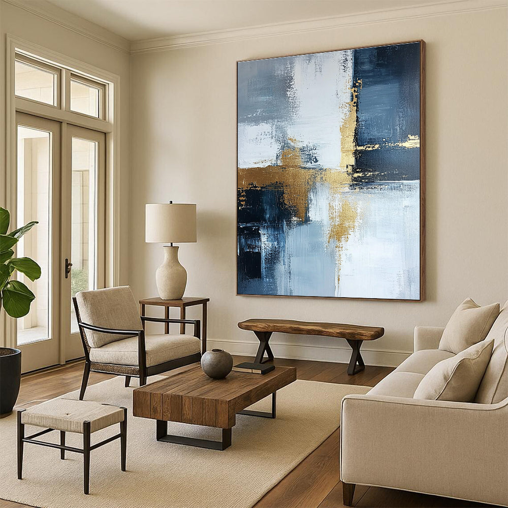 Blue Gray and Gold Abstract Painting with Subtle Sophistication GER524