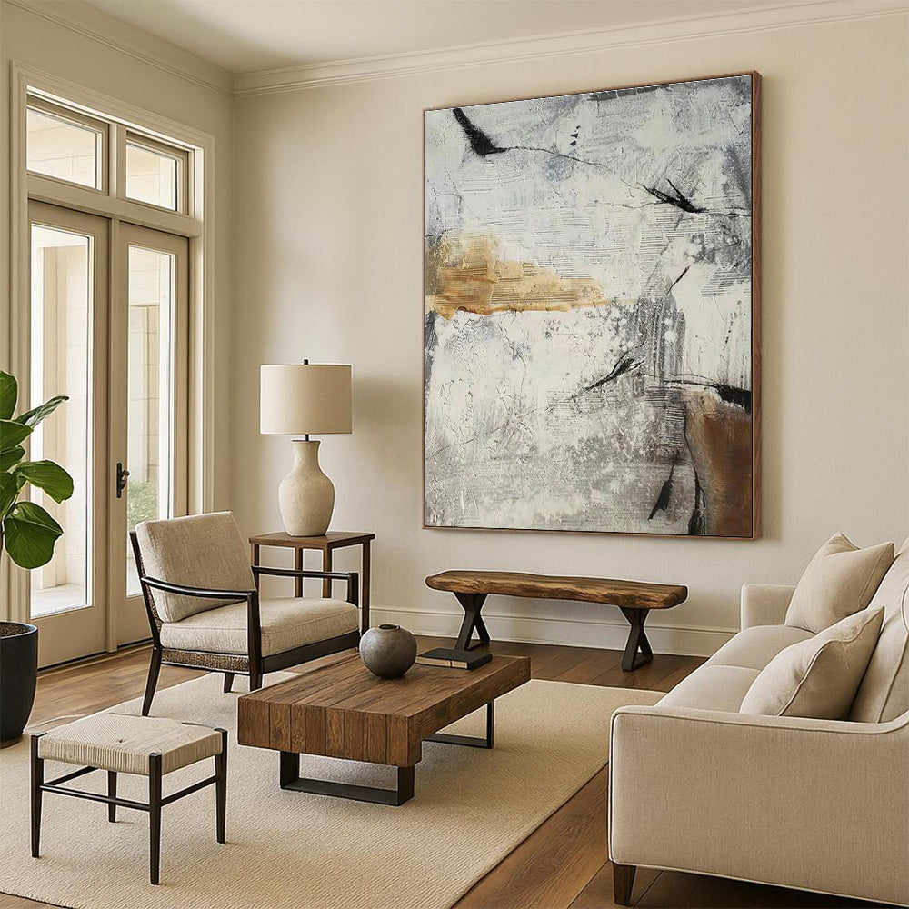 Gray and White Geometric Abstract Painting with Textured Layers ADGE338