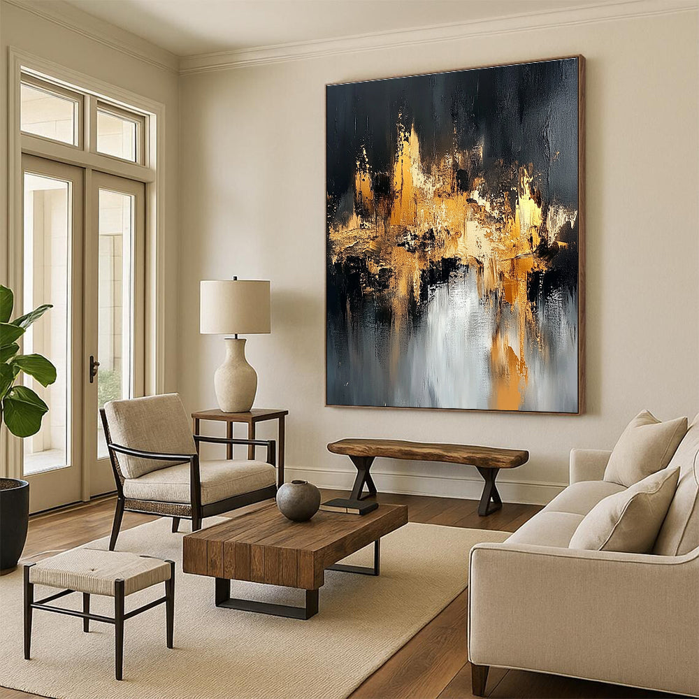 Black Gold and Silver Abstract Painting with Cityscape Inspiration GER643