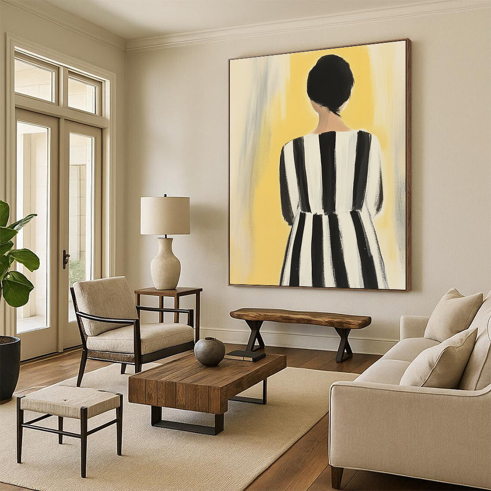 An abstract painting of a woman in a striped dress showcases feminine colors against a soft yellow background with bold black and white stripes.STSC1259