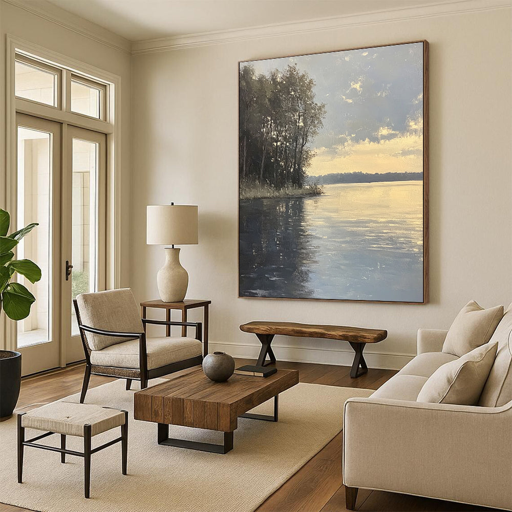 Large abstract painting capturing an overcast lake with tree silhouettes and serene gray reflections in the evening light.STSC885