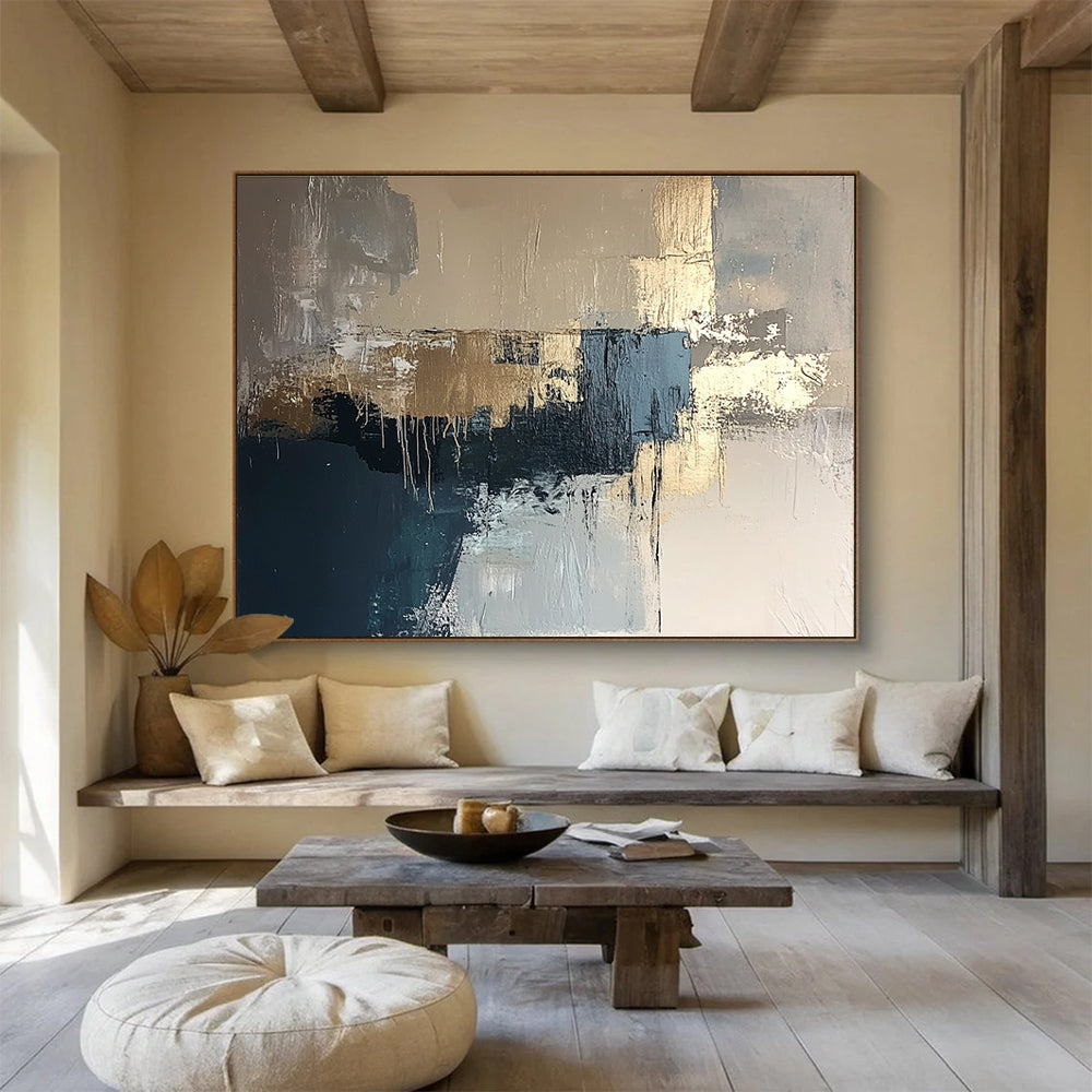 Gold and Blue Abstract Painting with Dripping Textures DYP385