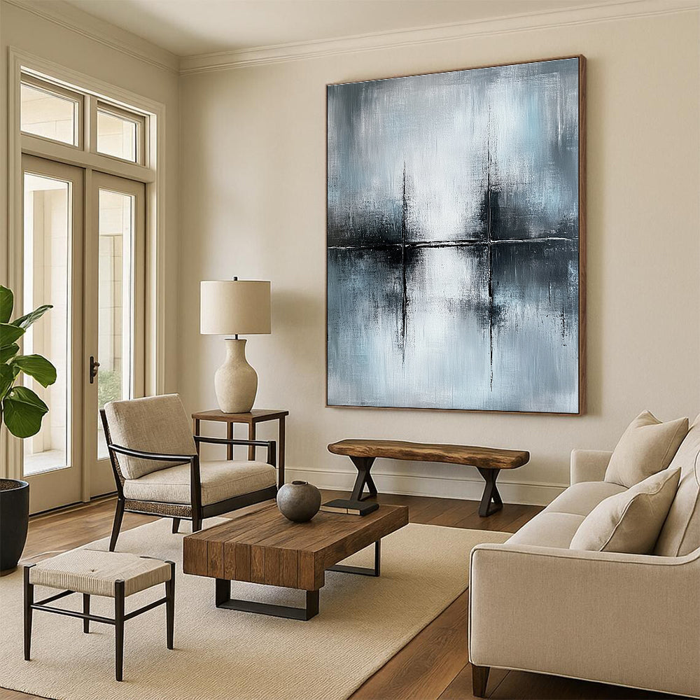 Large abstract painting in gray and white, featuring canvas texture and ultra-realistic oil paint details for a striking visual impact.STSC070