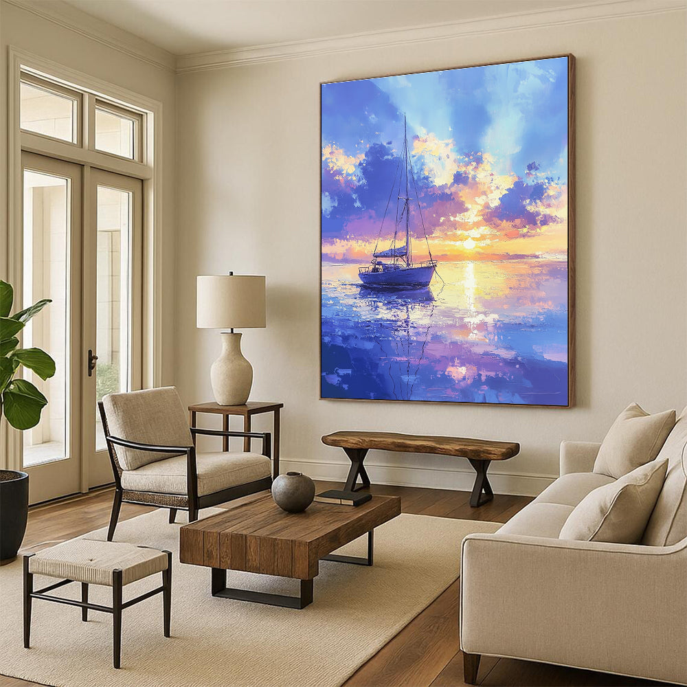 An abstract painting showcasing a beautiful sailboat on a calm sea with pastel hues under a gentle golden hour sky.STSC899