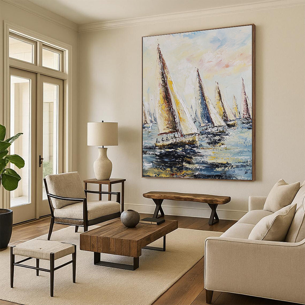 Large abstract painting featuring sailing regatta with billowing sails against a pastel sky and impasto-thick brush strokes.STSC1421