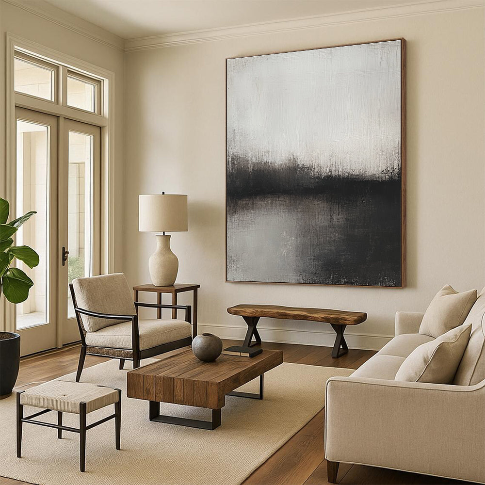 Big abstract painting featuring soft gray and brown tones depicting a blurred landscape at dusk evoking tranquility and serenity.STSC127