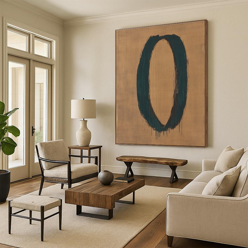 Teal Oval on Beige Abstract Painting with Expressive Brushstrokes GER033