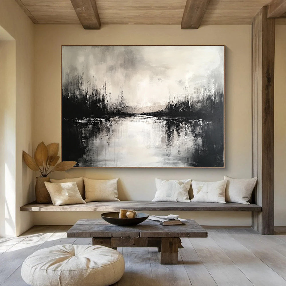 Large abstract painting featuring a black and white landscape with a serene lake and soft reflections, creating an atmospheric ambiance.SC011