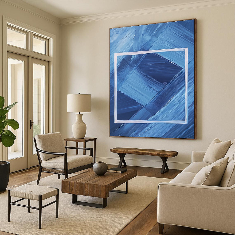 Abstract painting featuring a dark blue background with a white frame and geometric shapes creating a symmetrical minimalist design.STSC037