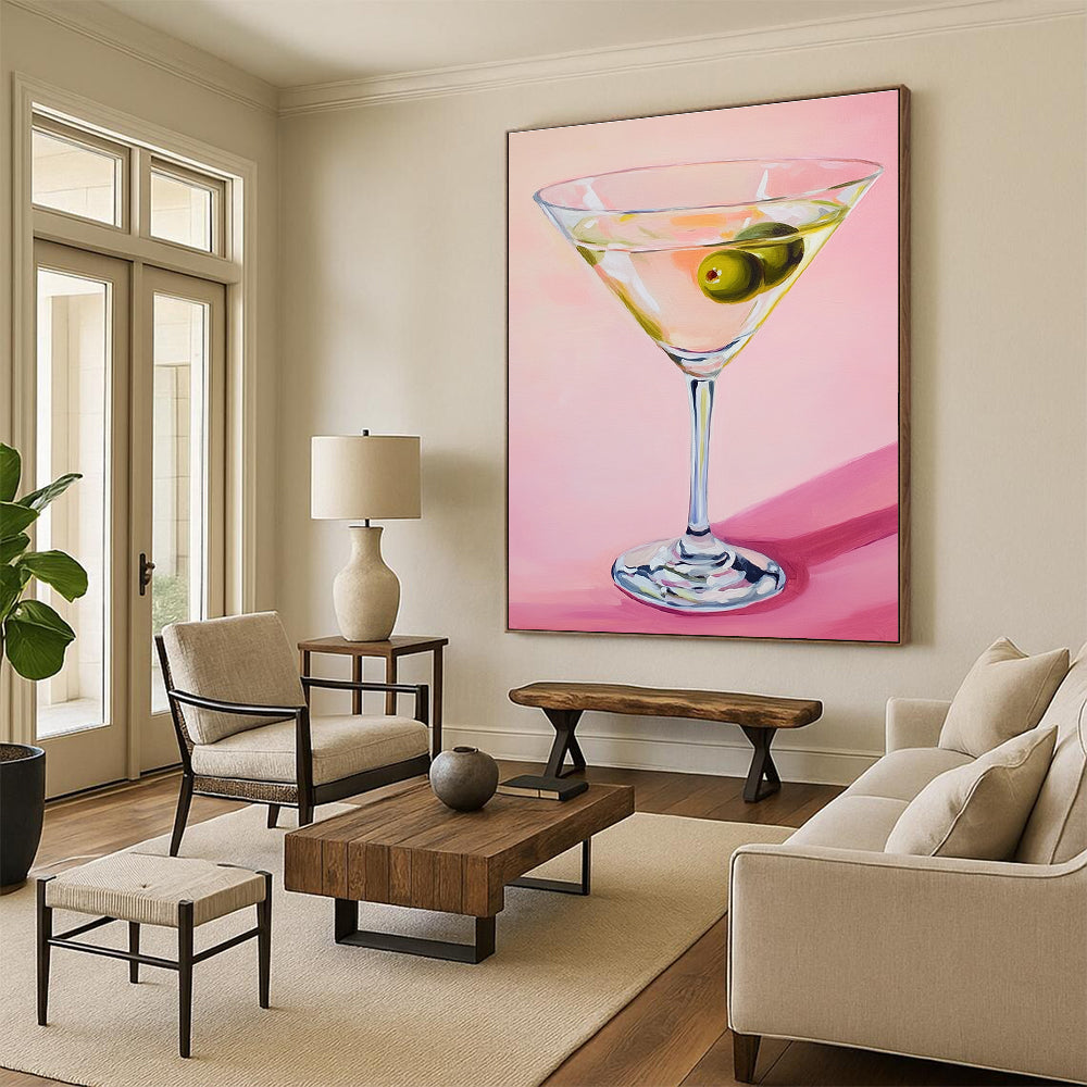 Abstract painting featuring a martini glass with an olive against a soft pink background showcasing gentle lighting and serene elegance.STSC1383