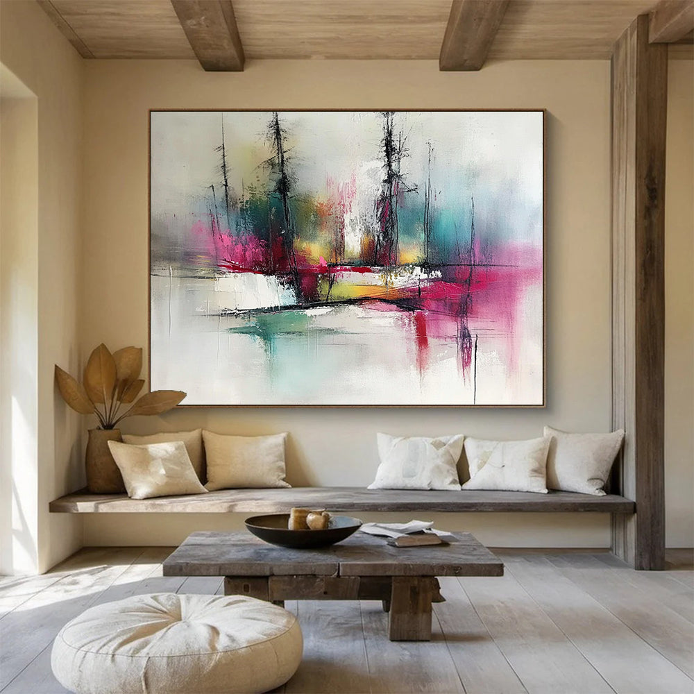 Colorful Forest Reflection Abstract Painting with Vibrant Trees and Water DYP249