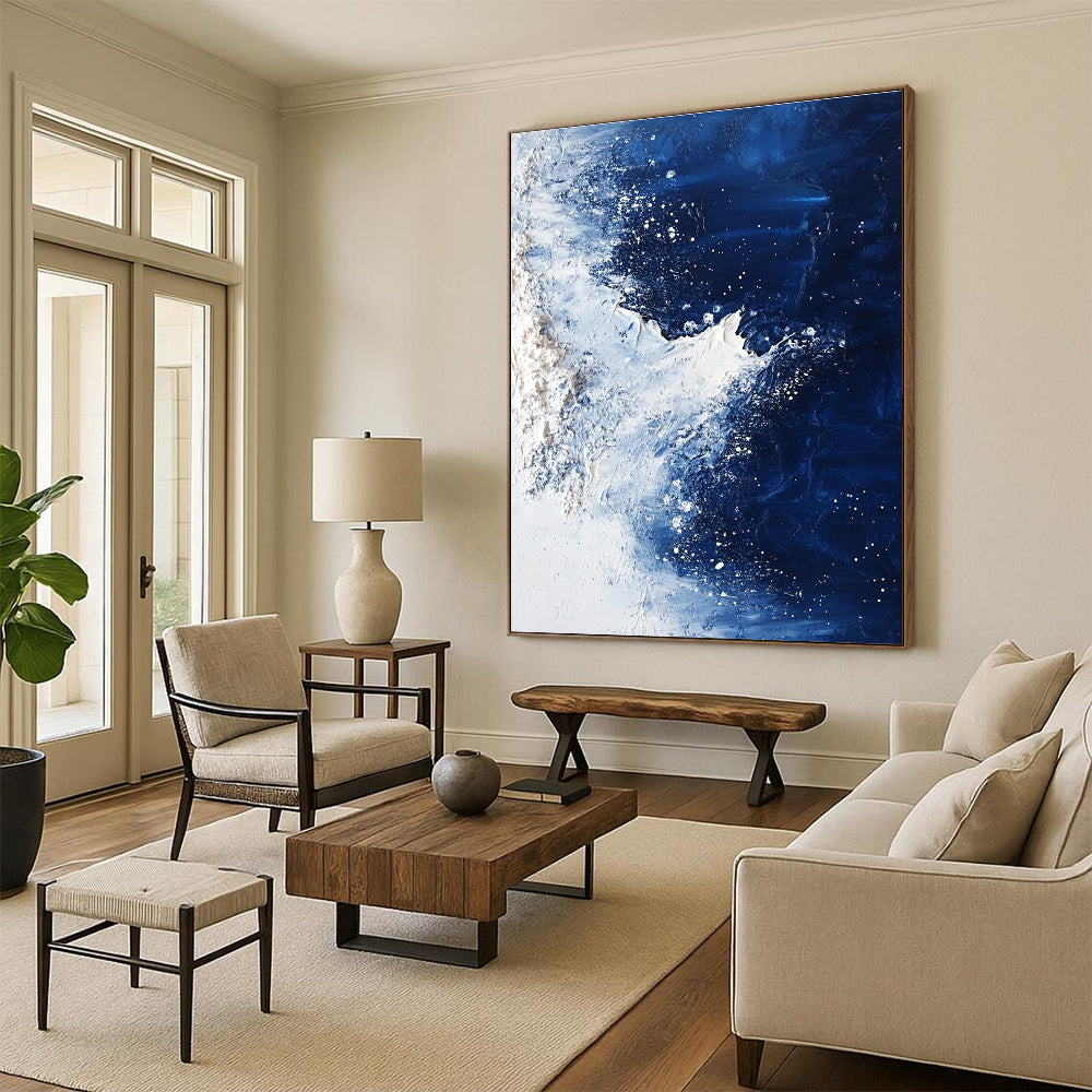 Large abstract painting depicting the North Pole with deep blue water ice and dynamic white brush strokes.STSC341
