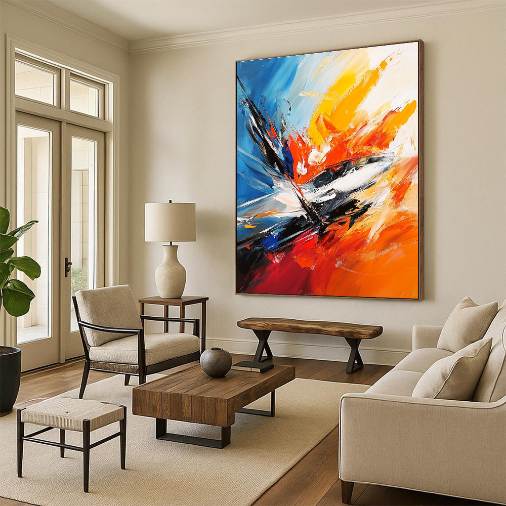 Large abstract painting featuring the F-20 fighter jet in a vibrant action scene with chaotic brush strokes and dynamic colors.STSC703