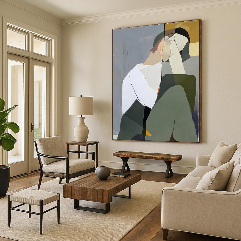 Large abstract painting of a woman with a white shirt and green jacket against a gray-blue background with light yellow accents and visible brushstrokes.STSC1114