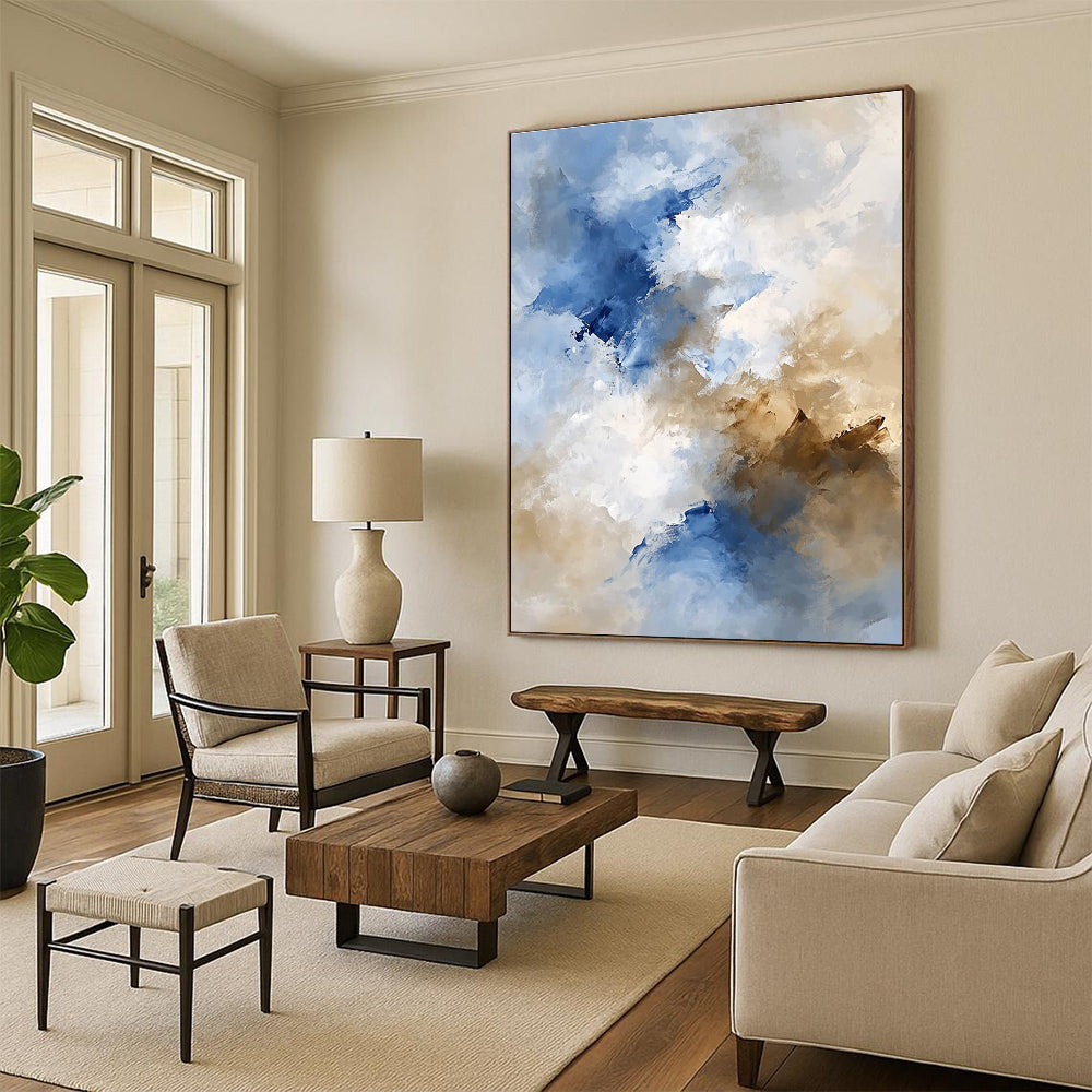 Blue and Beige Abstract Painting with Soft Cloud - like Textures GER370
