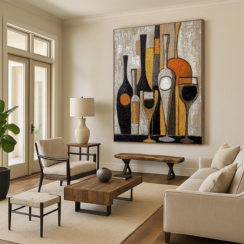 Large abstract painting featuring wine bottles and glasses with textured black white orange and gold embroidery.STSC369
