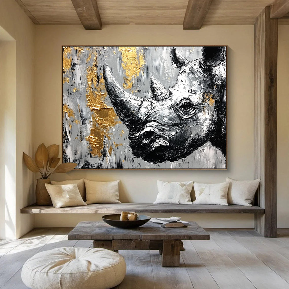 Textured Rhino Portrait Abstract Painting with Gold Accents DYP327
