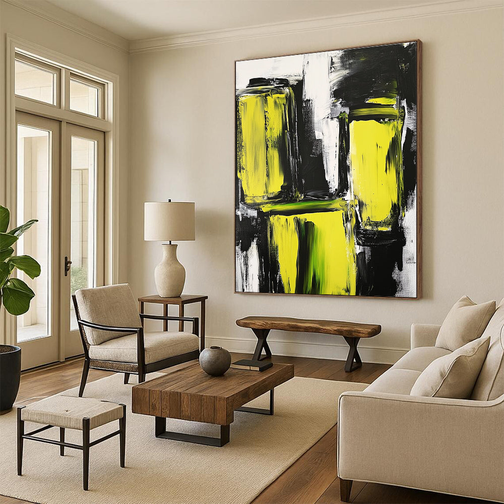 Yellow and Black Abstract Painting with Bold Textures GER593