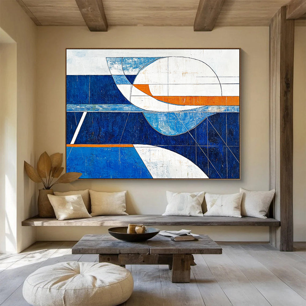 Geometric Blue Orange and White Abstract Painting with Clean Lines DYP190