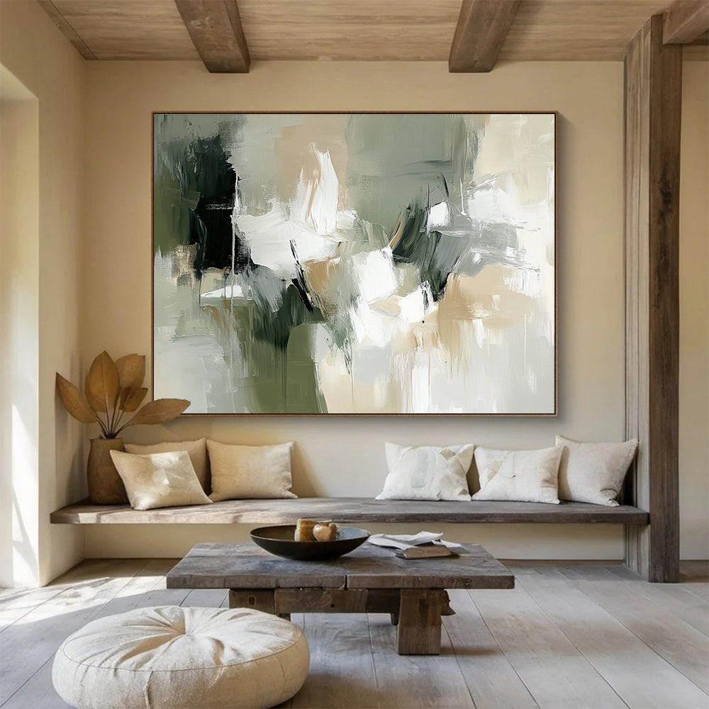Large abstract painting in white, beige, and green with organic brush strokes and shapes, evoking a naturalistic style.SC219