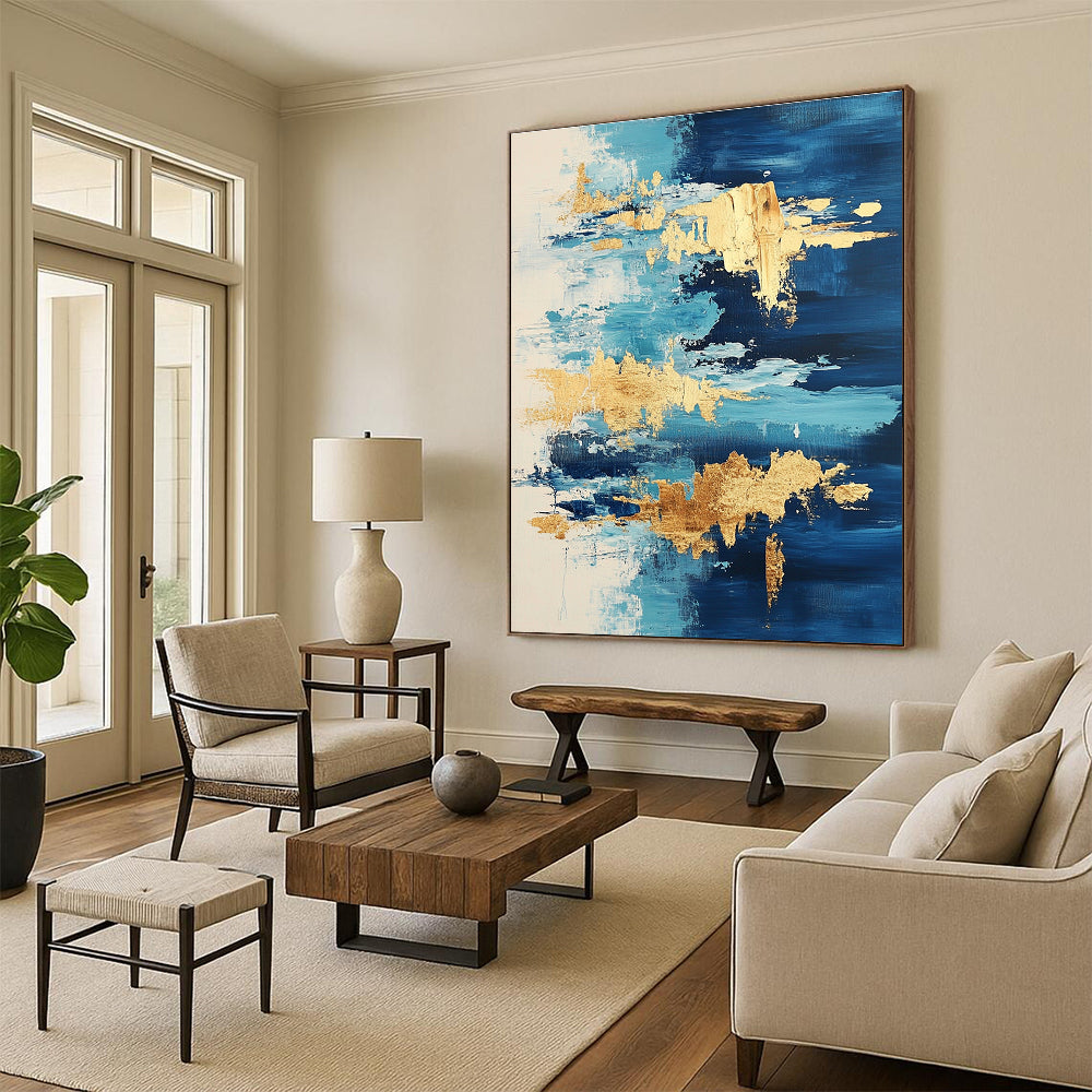 Light Blue and Gold Abstract Painting with Flowing Forms GER373